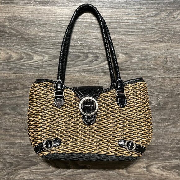 Brighton Debbie Black Tan Woven Leather Shoulder Bag Braided Handles Preppy - Picture 1 of 12